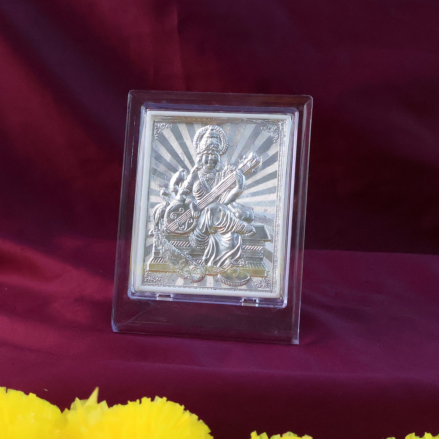 Elegant Silver Saraswati Maa Photo Frame with Stand (1 Pc) Elegant Silver Saraswati Maa Photo Frame with Stand (1 Pc)